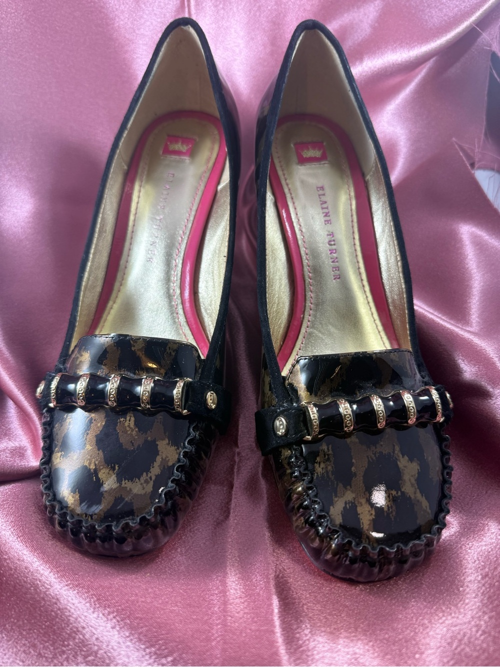Elaine Turner Brown and Black Leopard Patent Loafers